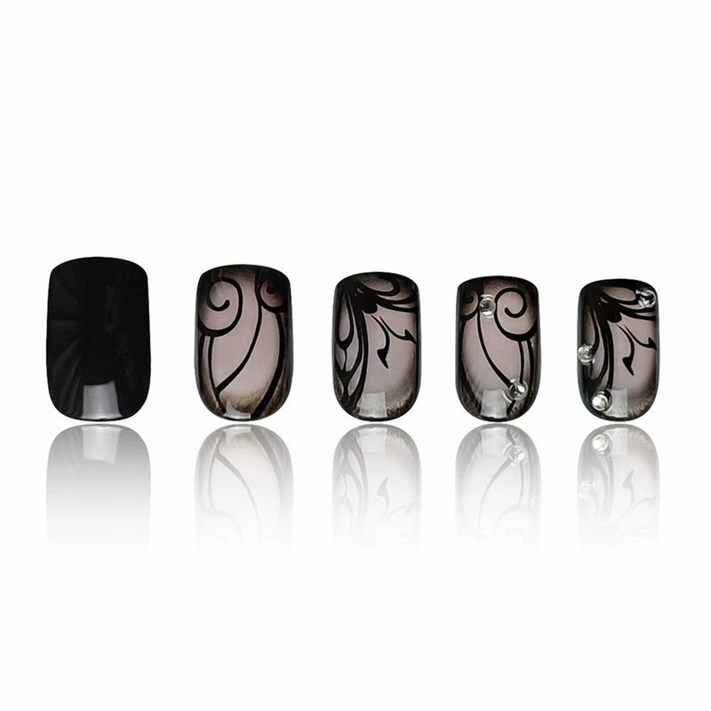juggssa Black Press on Nails Short Square Fake Nails with Designs Black Vine Acrylic False Nail Kits Glossy Full Cover Spring Winter Glue on Nails with Rhinestone Artificial Stick on Nail for Women 24PCS - Image 5